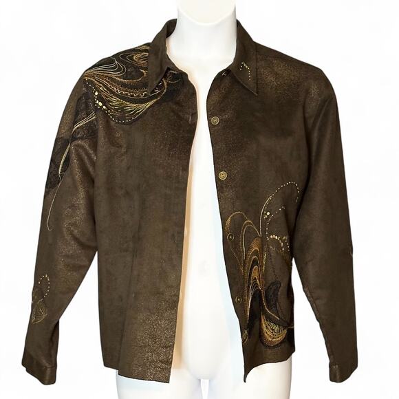Chico’s Brown Embroidered Sequined Shirt Jacket XL Western Button Up Long Sleeve - Picture 2 of 9